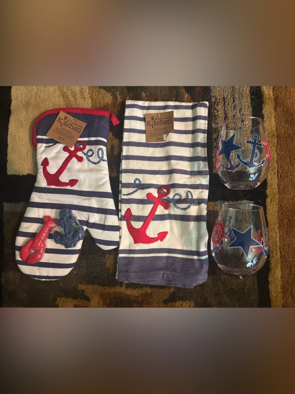 Nautical Oven Mitt & Towel Set - Red, Navy, White